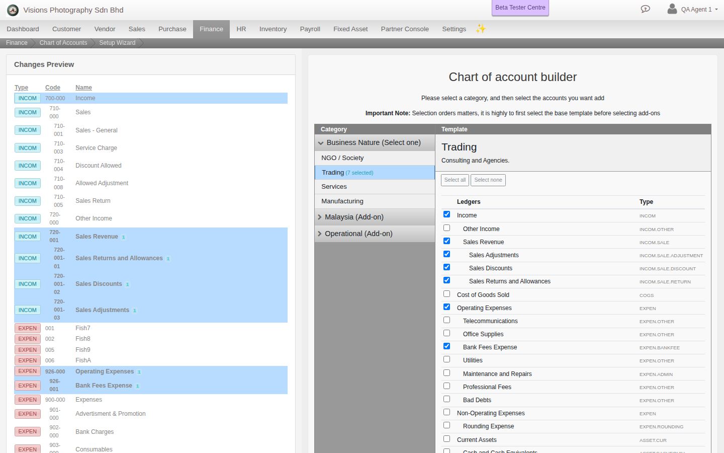 The Chart of account builder: a Business Nature category expanded to its Trading template, a nested ledger checklist ticked, and the live Changes Preview on the left