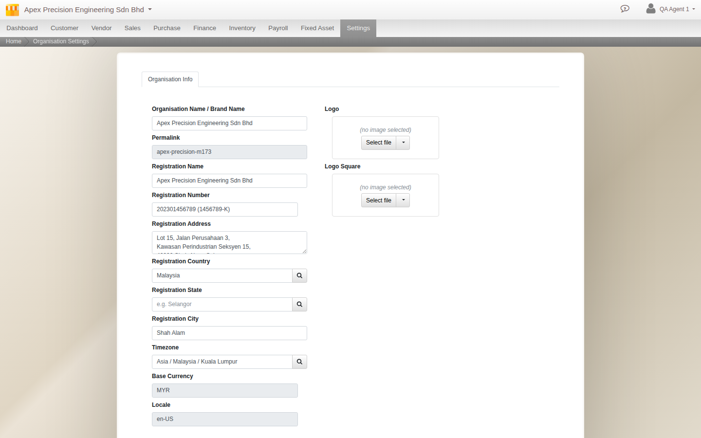 The Organisation settings screen's Company tab, showing the registered name, number, address, contact person, timezone, currency, locale and logo fields