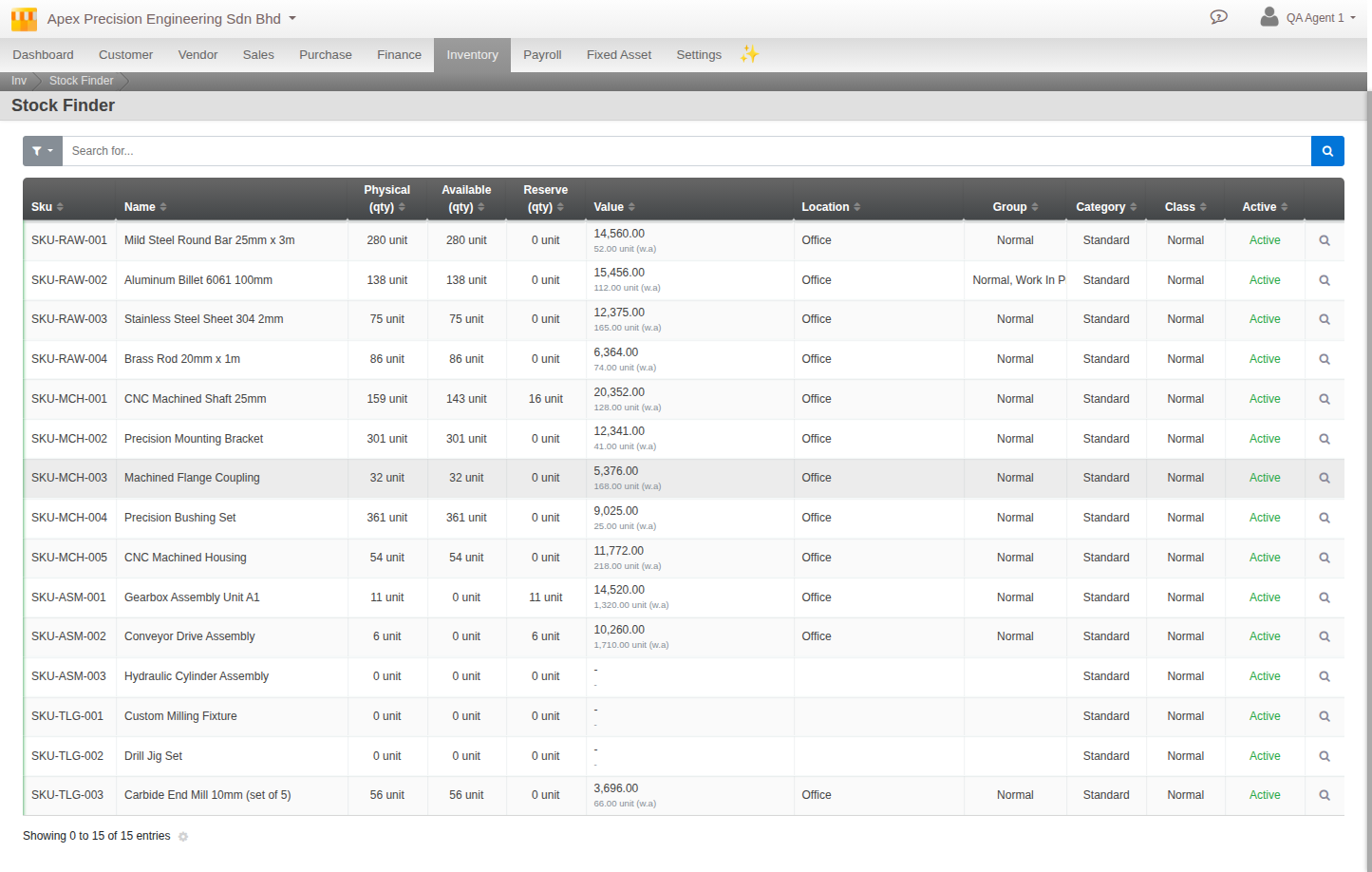 Stock Finder listing real items with distinct Physical, Available and Reserve quantities alongside Value, Location, Group, Category, Class and Active