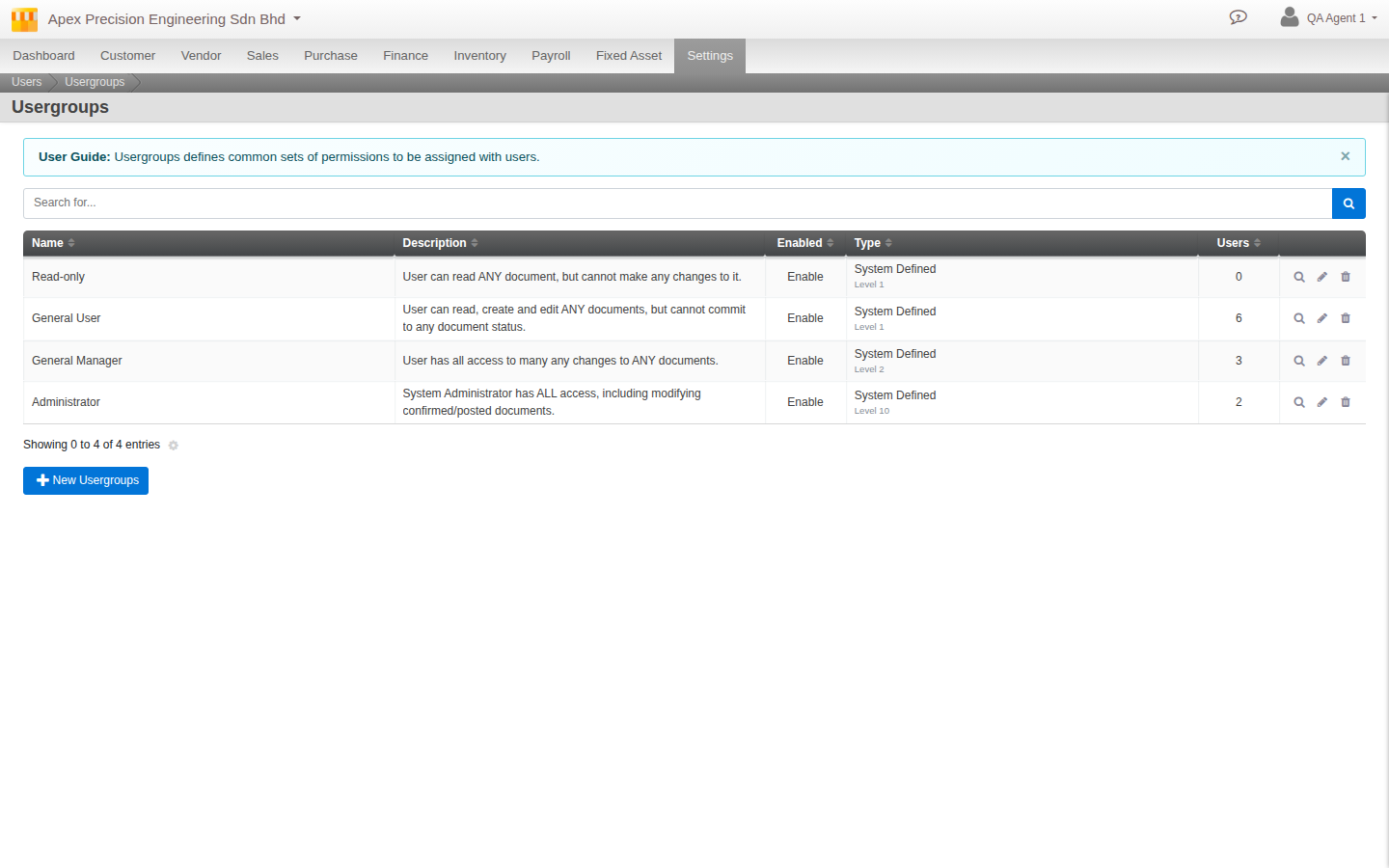 The Usergroups screen listing the four seeded default groups: Read-only and General User both at Level 1, General Manager at Level 2, Administrator at Level 10