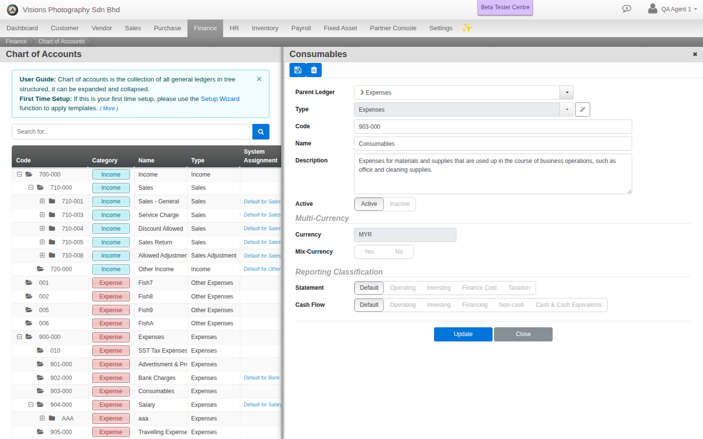 The Create/Edit panel: Parent Ledger, Type, Code, Name, Description, Active, Multi-Currency, and Reporting Classification