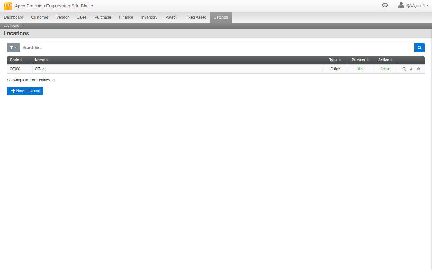 The Locations tab under Organisation settings, listing physical sites with one marked as primary