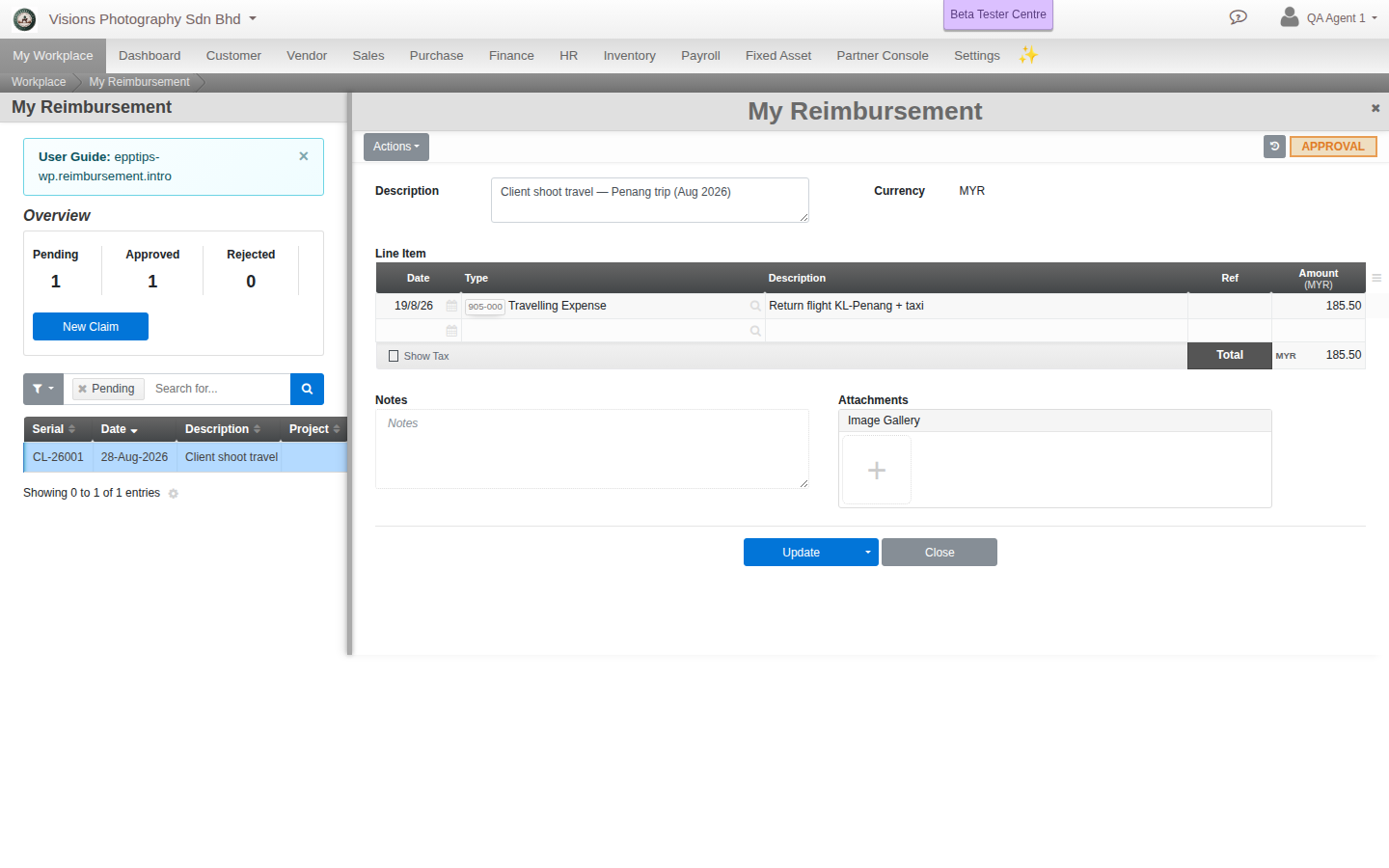 A real expense claim awaiting approval, with its expense line and Attachments/Notes