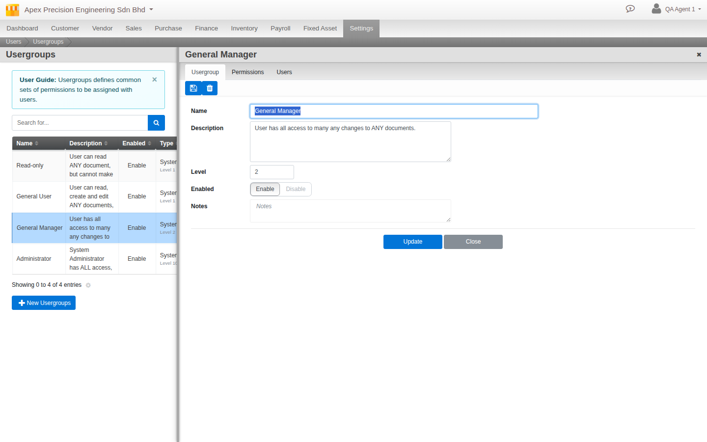 A user group's own tab, showing its Name and a numeric Level field, here set to 2 for General Manager