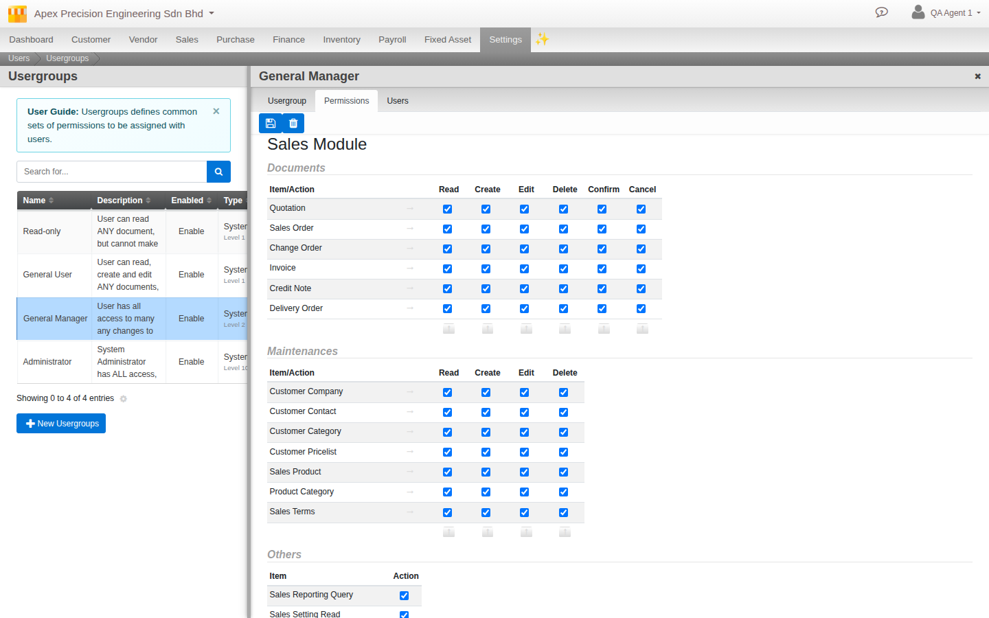 A user group's Permissions tab, showing the Sales Module's Read, Create, Edit, Delete, Confirm and Cancel checkboxes per document type