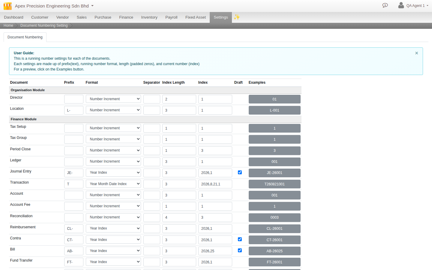 The Document Numbering screen, setting the reference format, prefix and separator for each document type