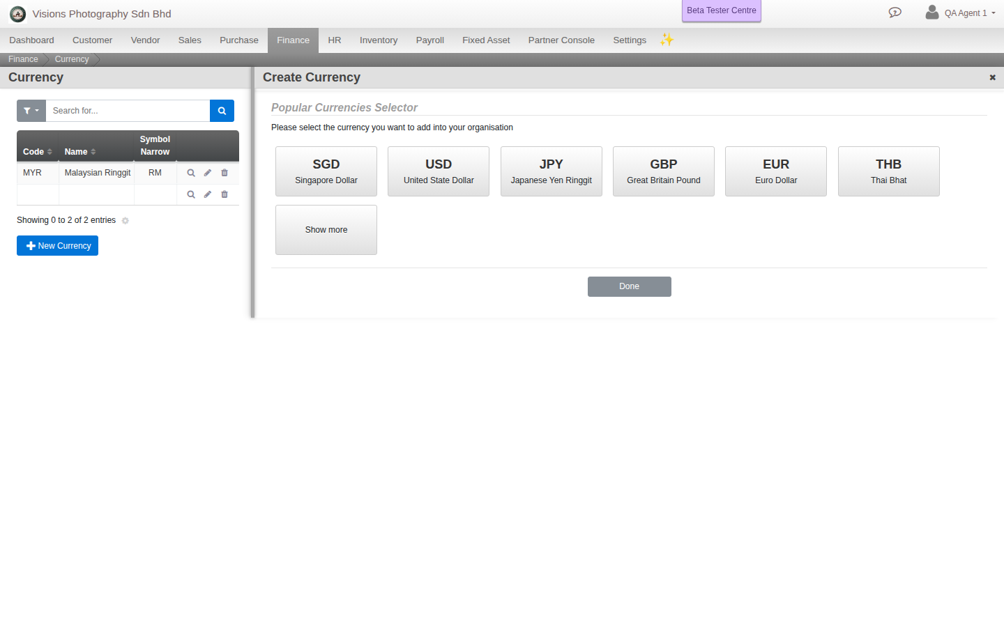 The Popular Currencies selector when adding a currency