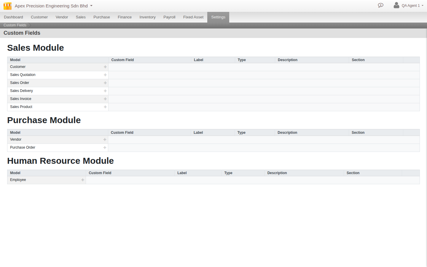 The Custom Fields screen, listing defined fields with their name, label, type and the model they attach to