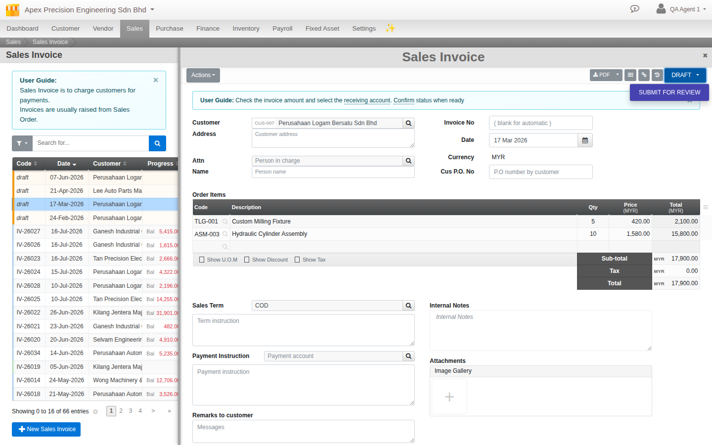 A Draft Sales Invoice with its status control open, showing the Submit for Review option alongside going straight to confirmed