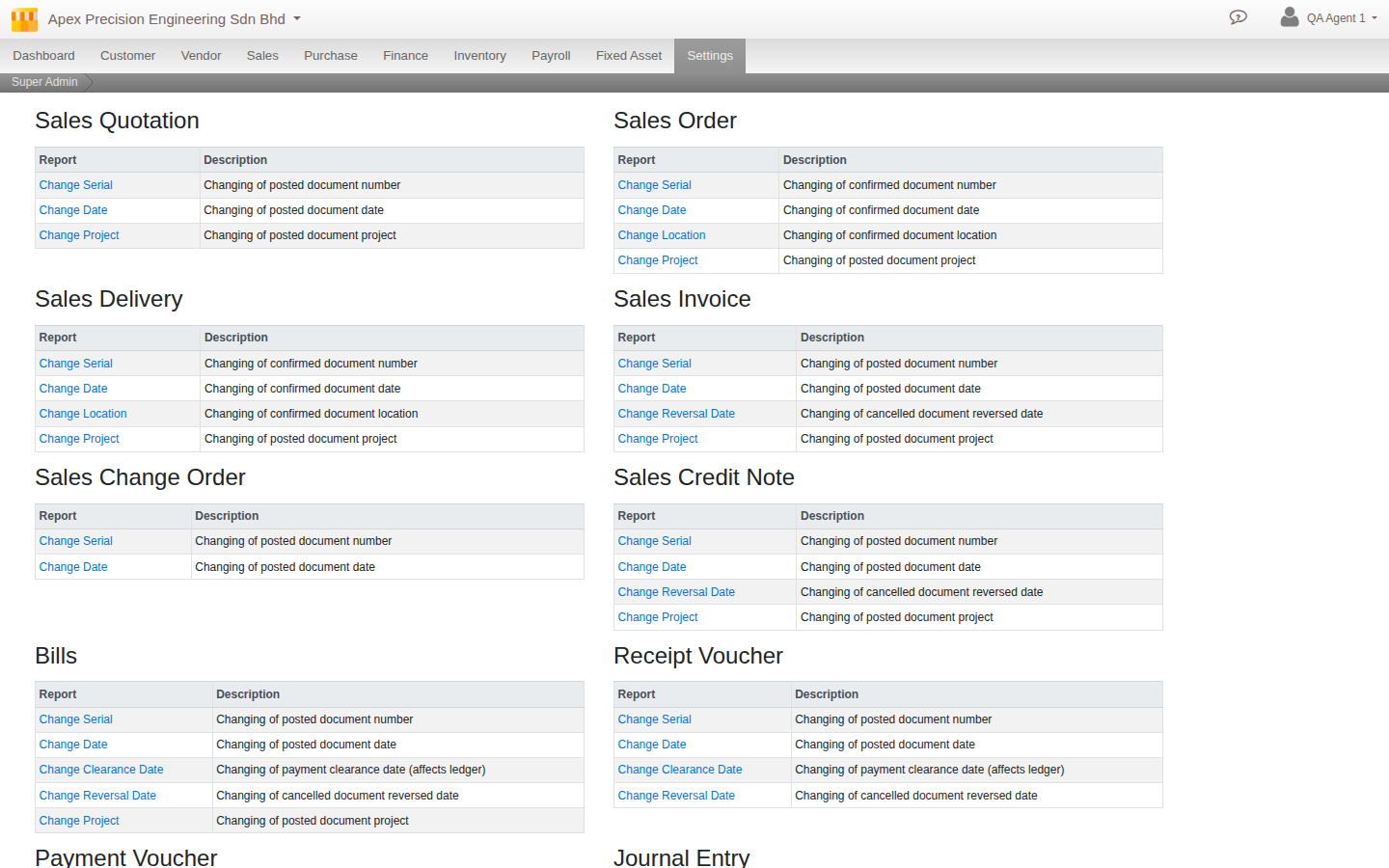 The Document Overrider screen, showing the per-document-type grid of fields that can be corrected on already-posted documents