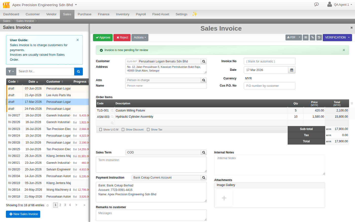 A Sales Invoice in Verification status with dedicated green Approve and red Reject buttons