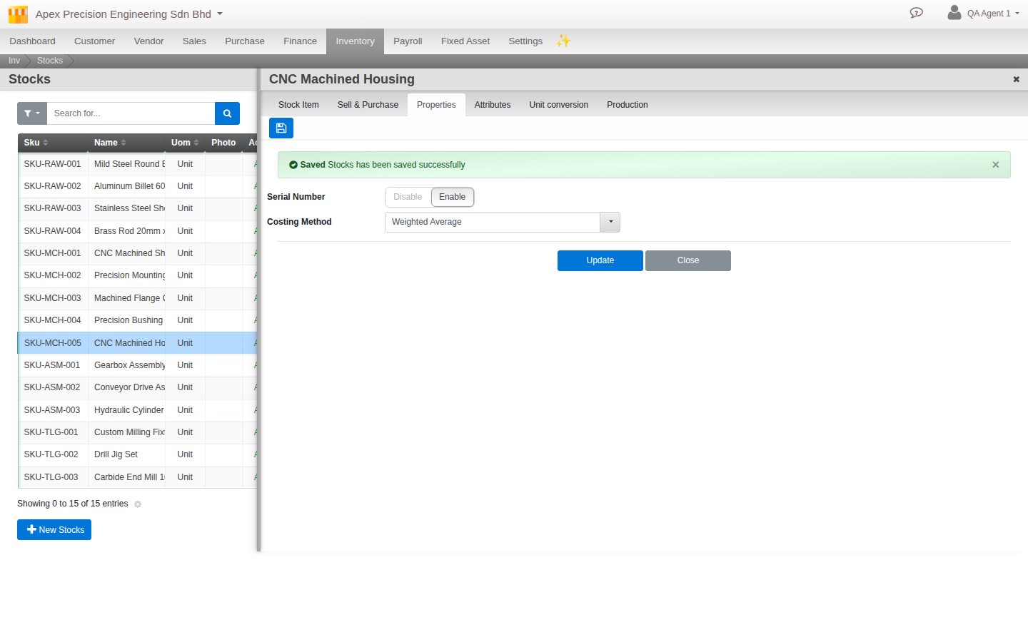 A stock item's Properties tab: Serial Number and Costing Method