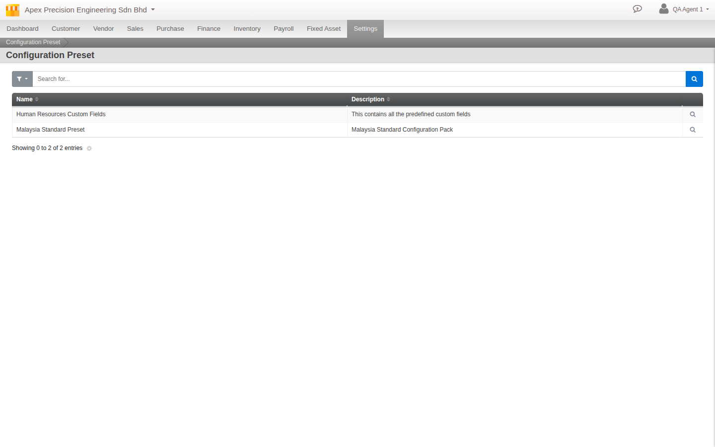The Configurator Preset screen, listing packaged setting presets filterable by country and module