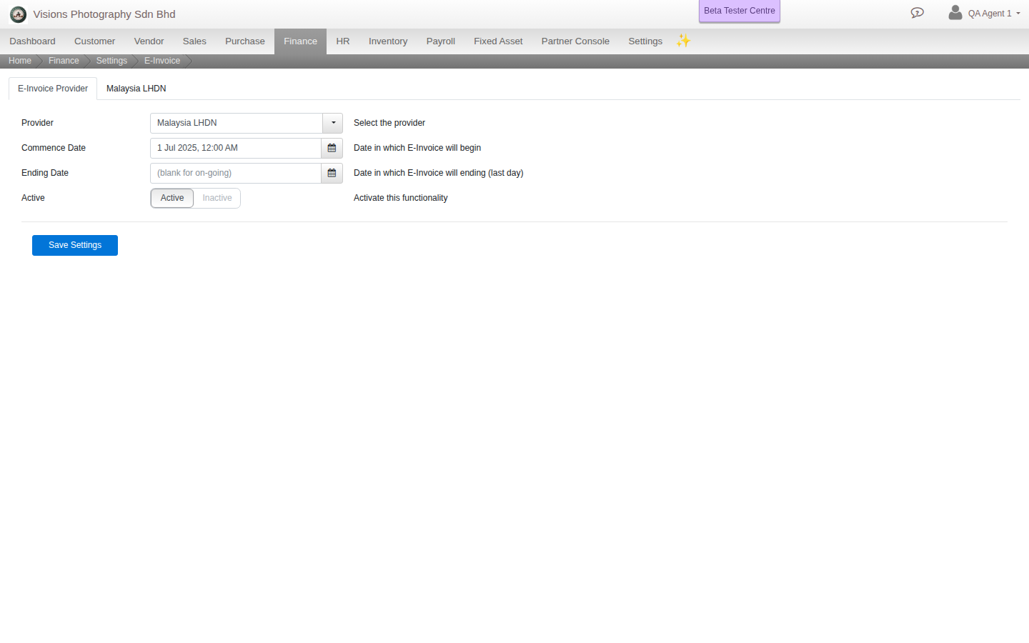 The E-Invoice settings screen's Malaysia LHDN tab