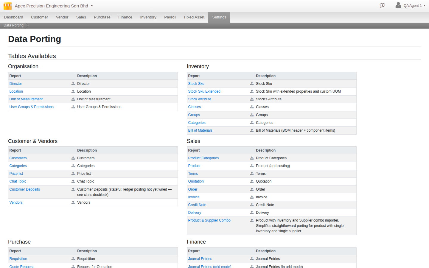 The Data Porting screen, showing the full entity catalogue available to export, import, validate and commit