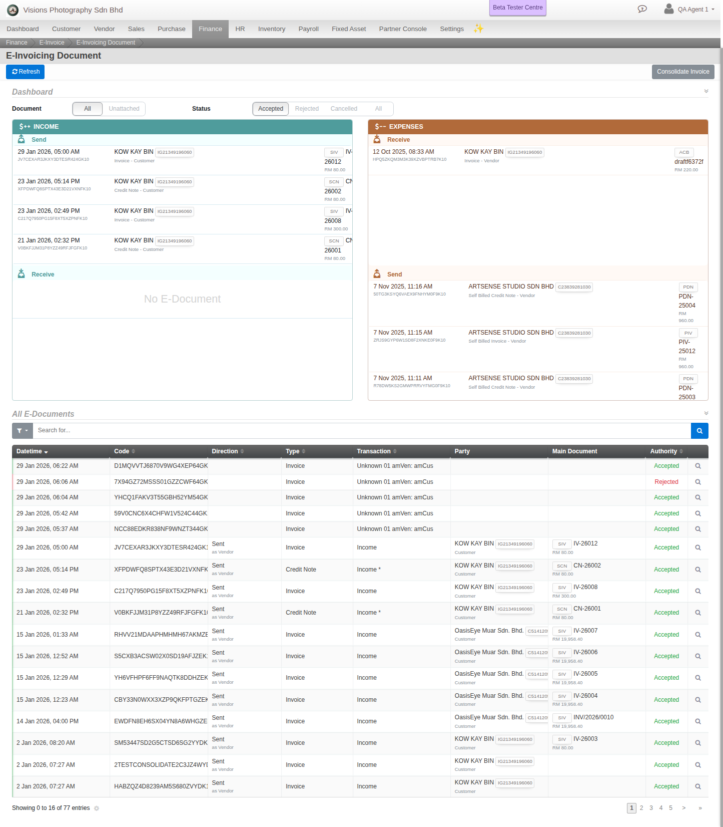 The E-Invoice Documents dashboard and the All E-Documents table