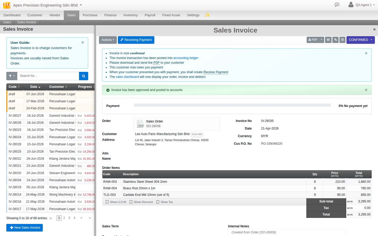 A Confirmed Sales Invoice, posted to accounts, with no approver field visible anywhere on the document