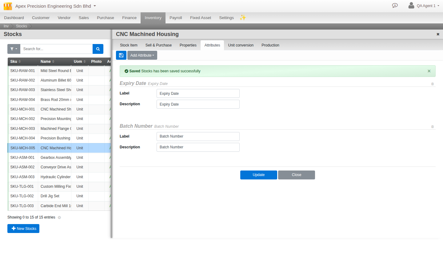 A stock item's Attributes tab, with Expiry Date and Batch Number attribute definitions