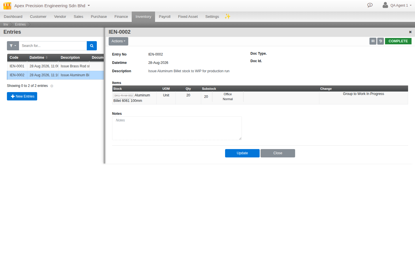 A real, posted Adjustment Entry moving stock from one group to Work In Progress