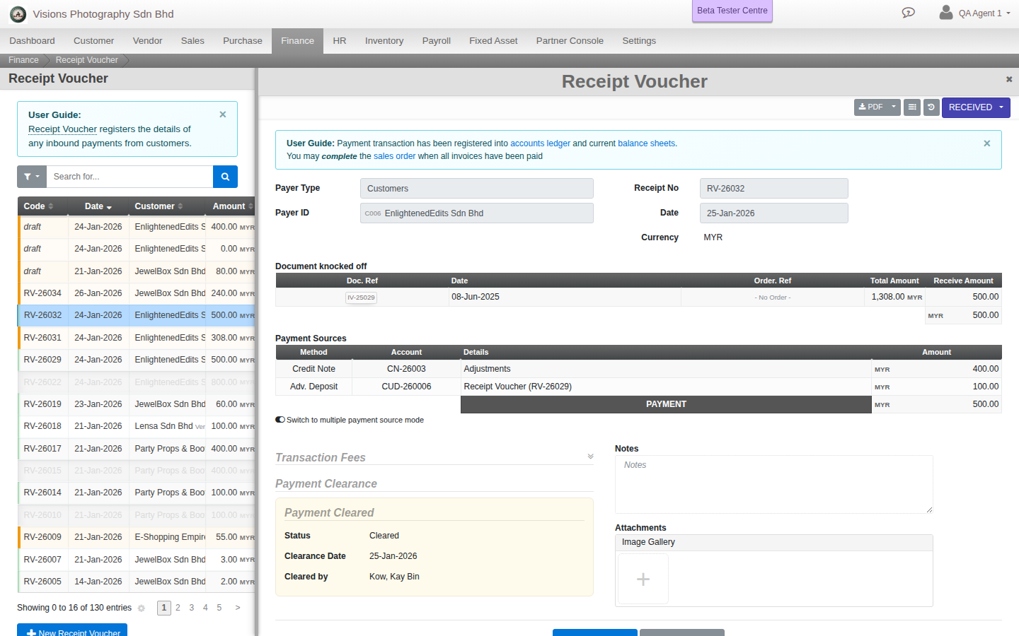 A Receive Payment form: invoices knocked off on one side, Payment Sources on the other