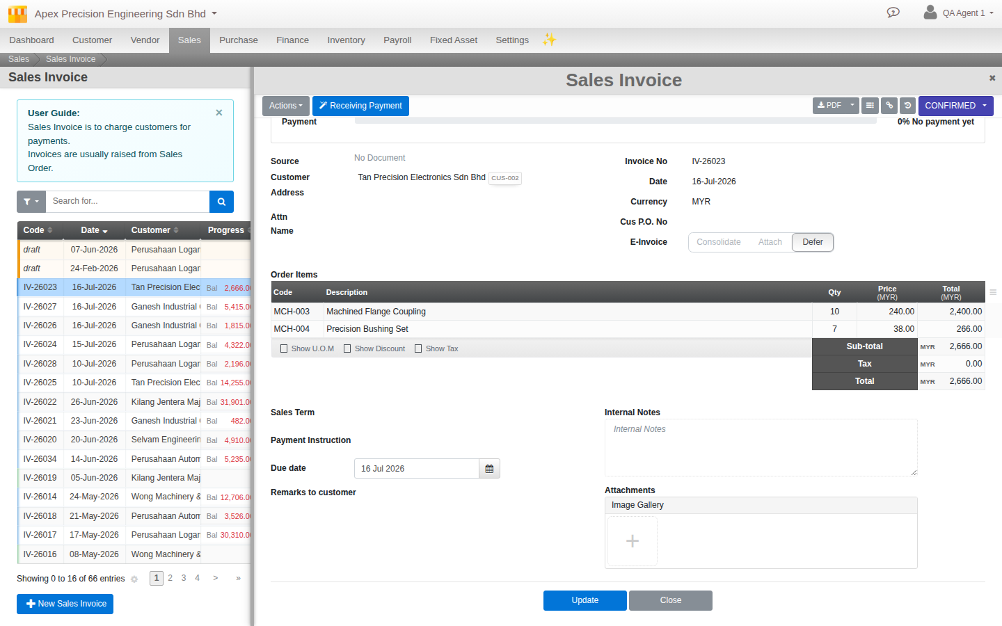 An invoice showing the Internal Notes, Remarks and Attachments panels side by side