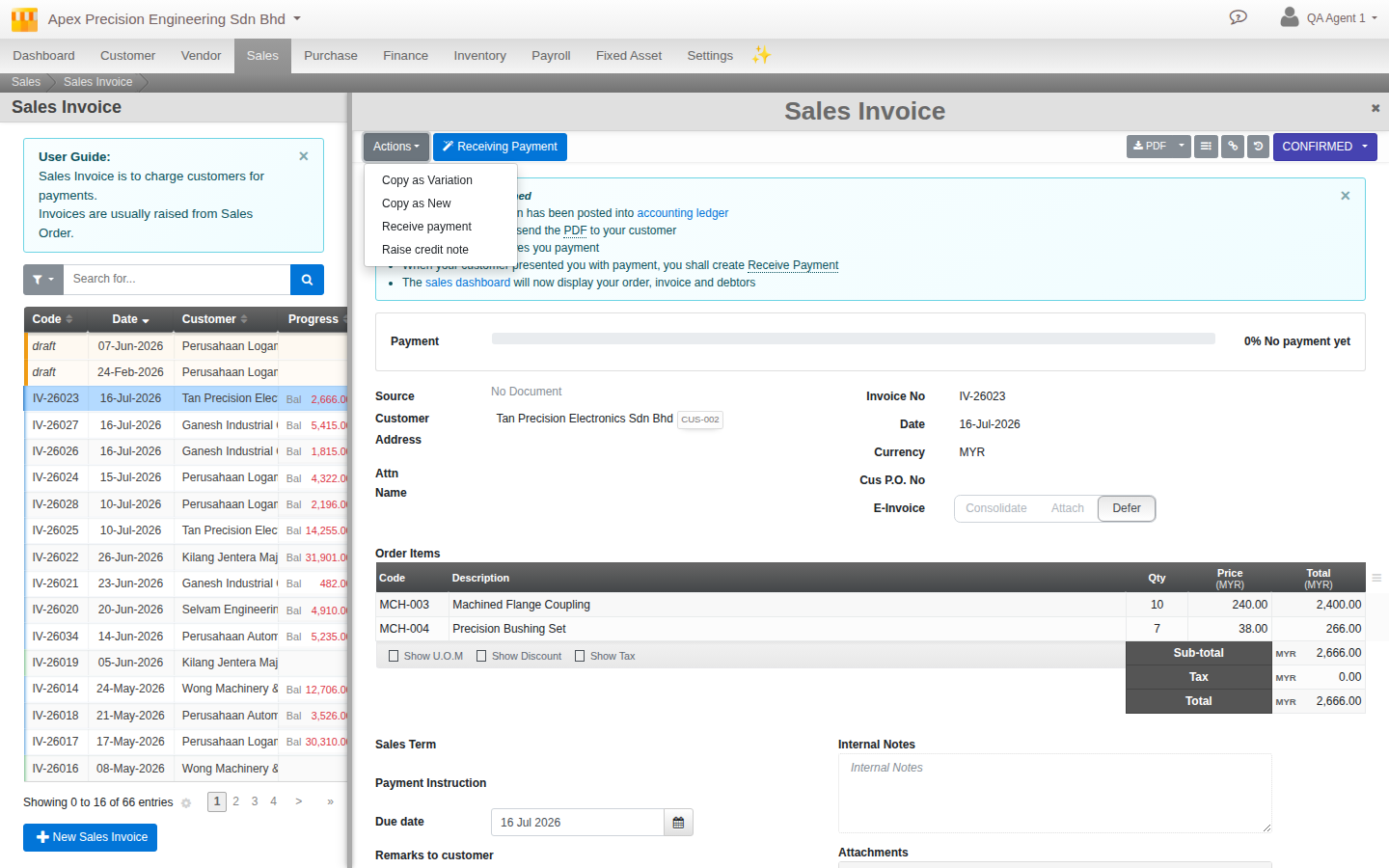 An invoice's actions menu open, showing Copy as New and Copy as Variation as distinct options