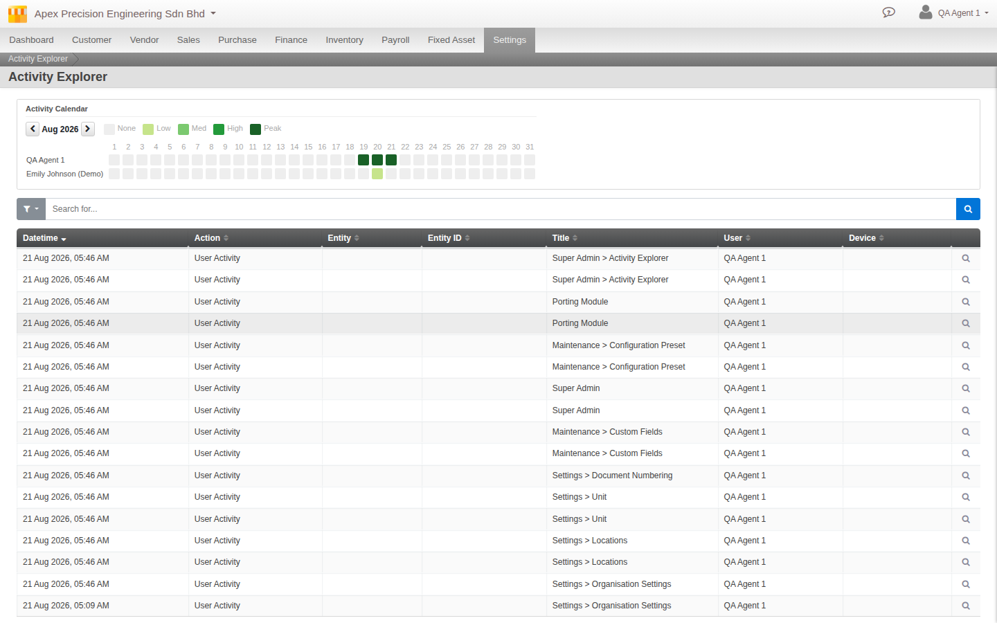 The full activity audit engine, browsing recorded actions system-wide across documents