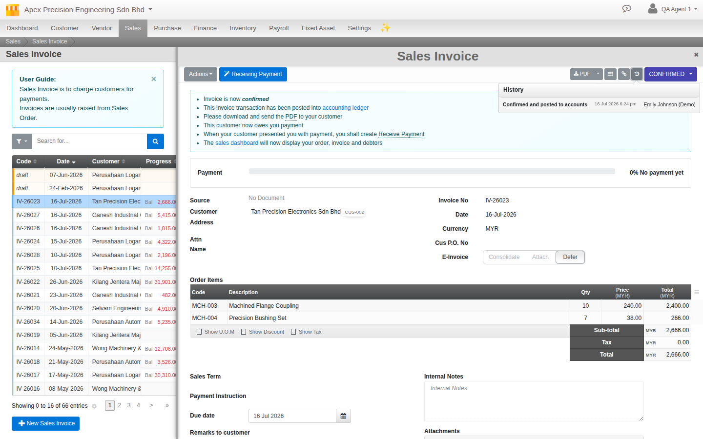 An invoice's own History panel, listing who did what and when directly on the document
