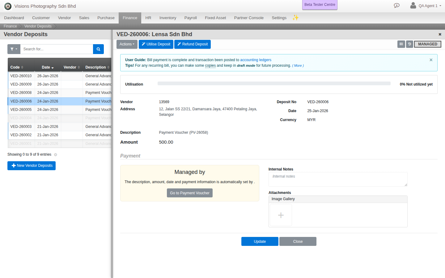 A real Vendor Deposit record