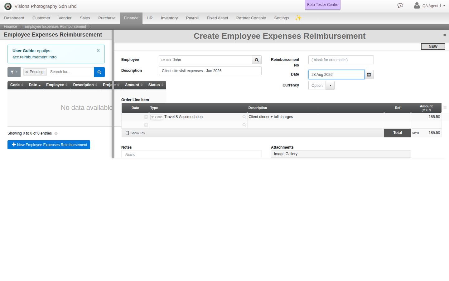 An Employee Expenses Reimbursement with its expense lines