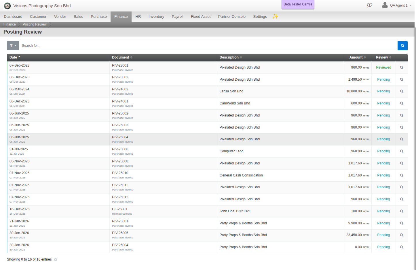 The Posting Review list, each document with a Pending Review or Reviewed status