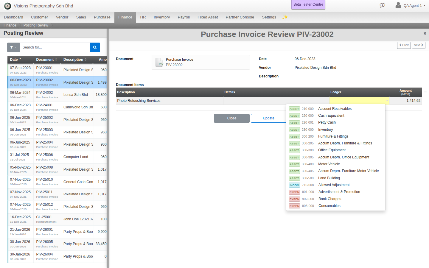 A document open in Posting Review, reassigning a line's account from the Ledger dropdown