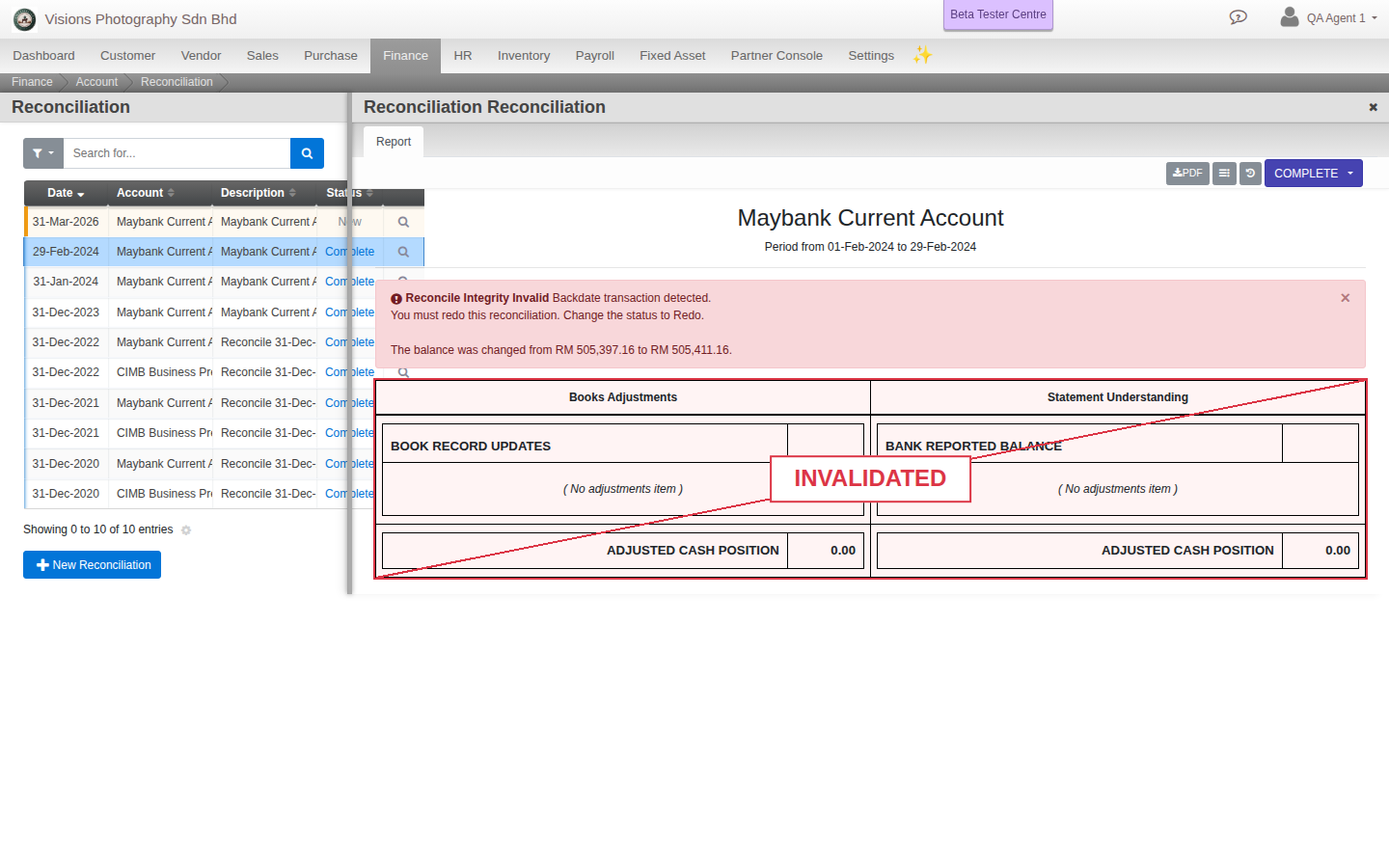 A real bank reconciliation with its statement and ledger balances