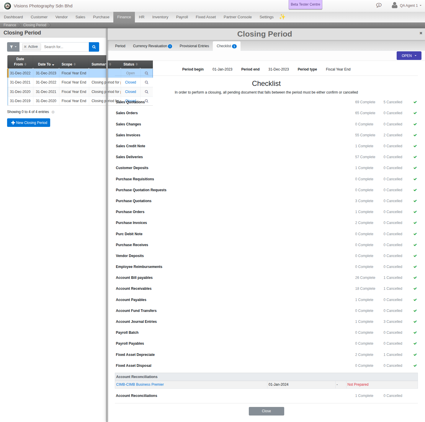 The Closing Period screen: Period, Currency Revaluation, Provisional Entries and Checklist tabs, with the Checklist tab's document-by-document completion counts