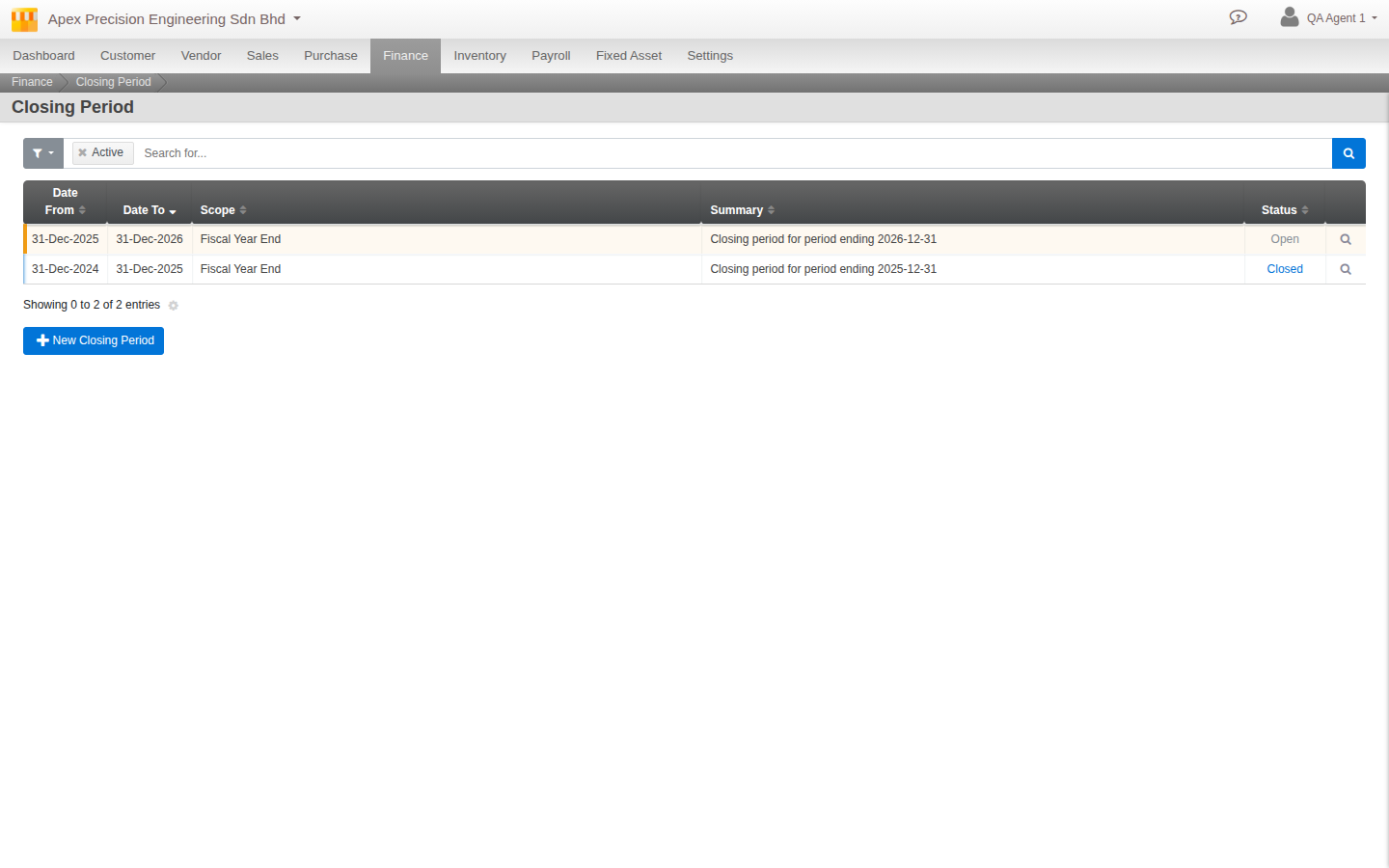 The Closing Period screen, reached from Menu > Finance > Accounting Processes > Period Management, showing an open period ready to be closed” style=”width:100%;max-width:900px;display:block;margin:0 auto;border-radius:10px;border:1px solid var(–brand-line)”/><figcaption style=