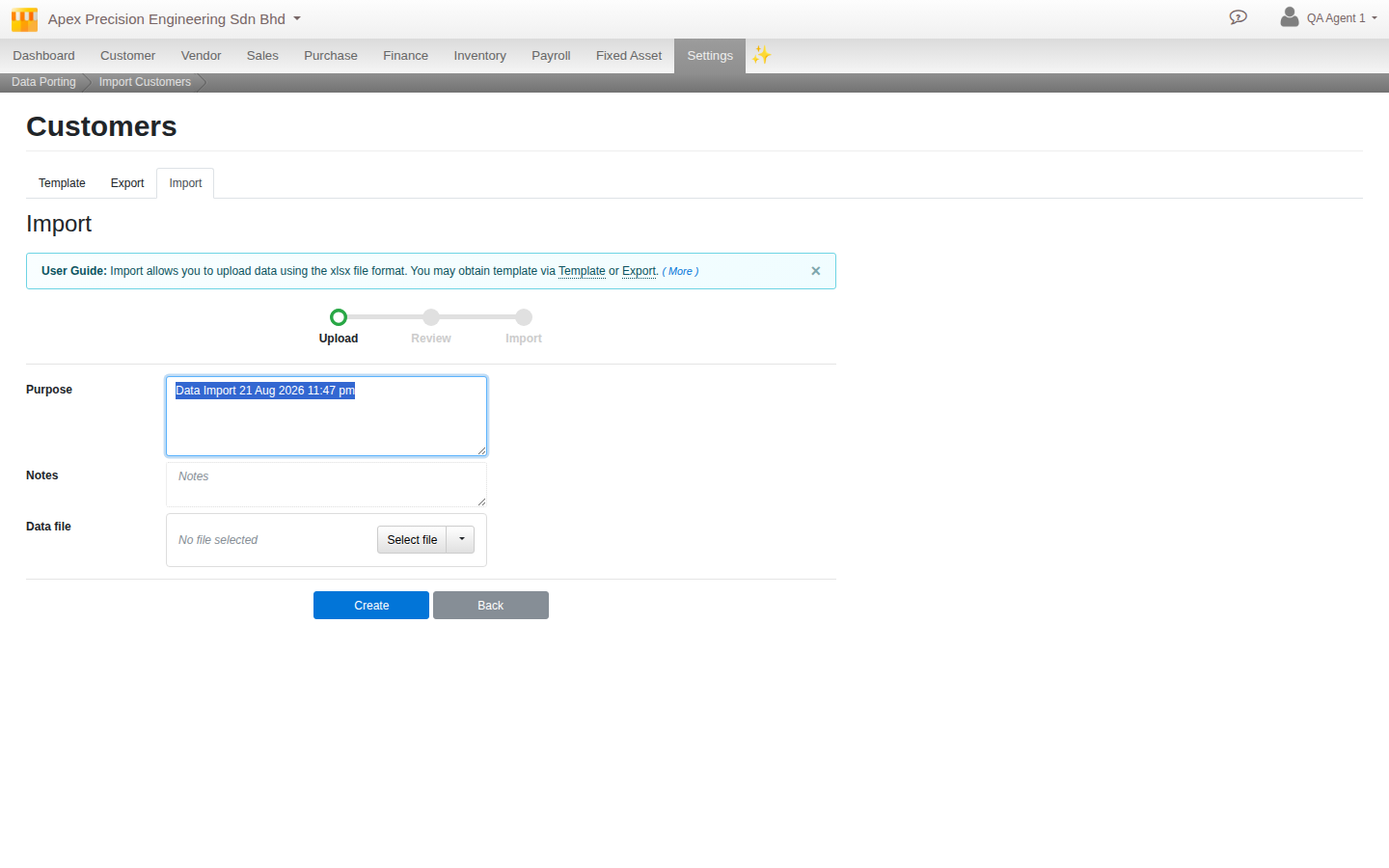 The Upload tab with a spreadsheet attached, showing the Validate button