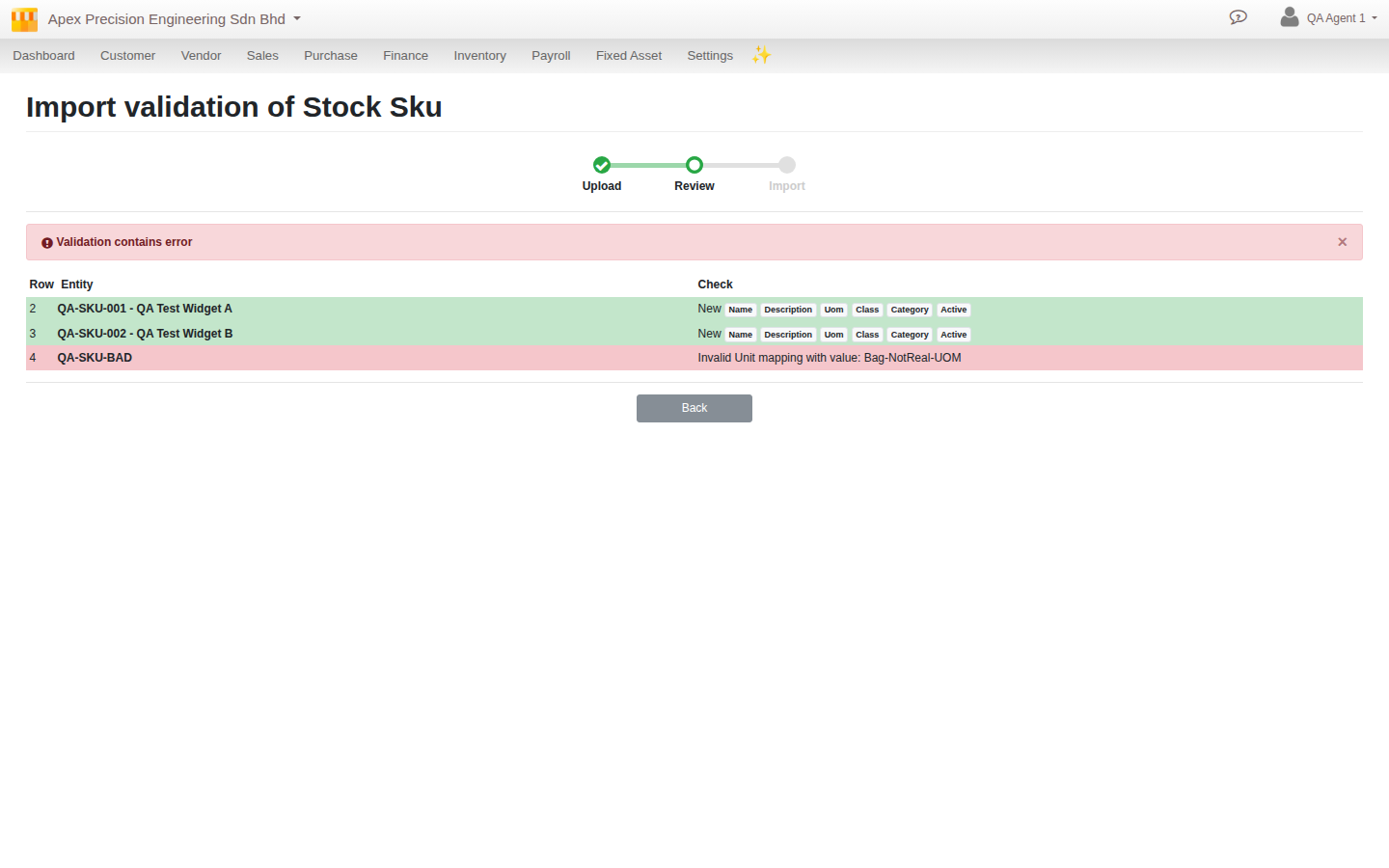 A validation report showing clean rows alongside one row with a specific, named error