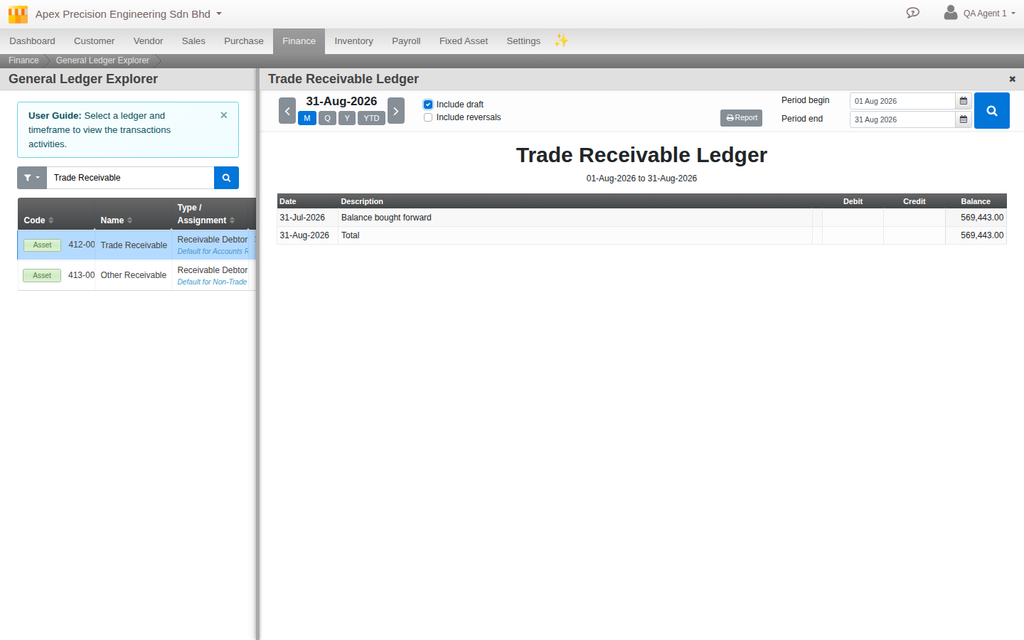 The General Ledger screen drilled into one account, showing every transaction posted to it for a chosen period
