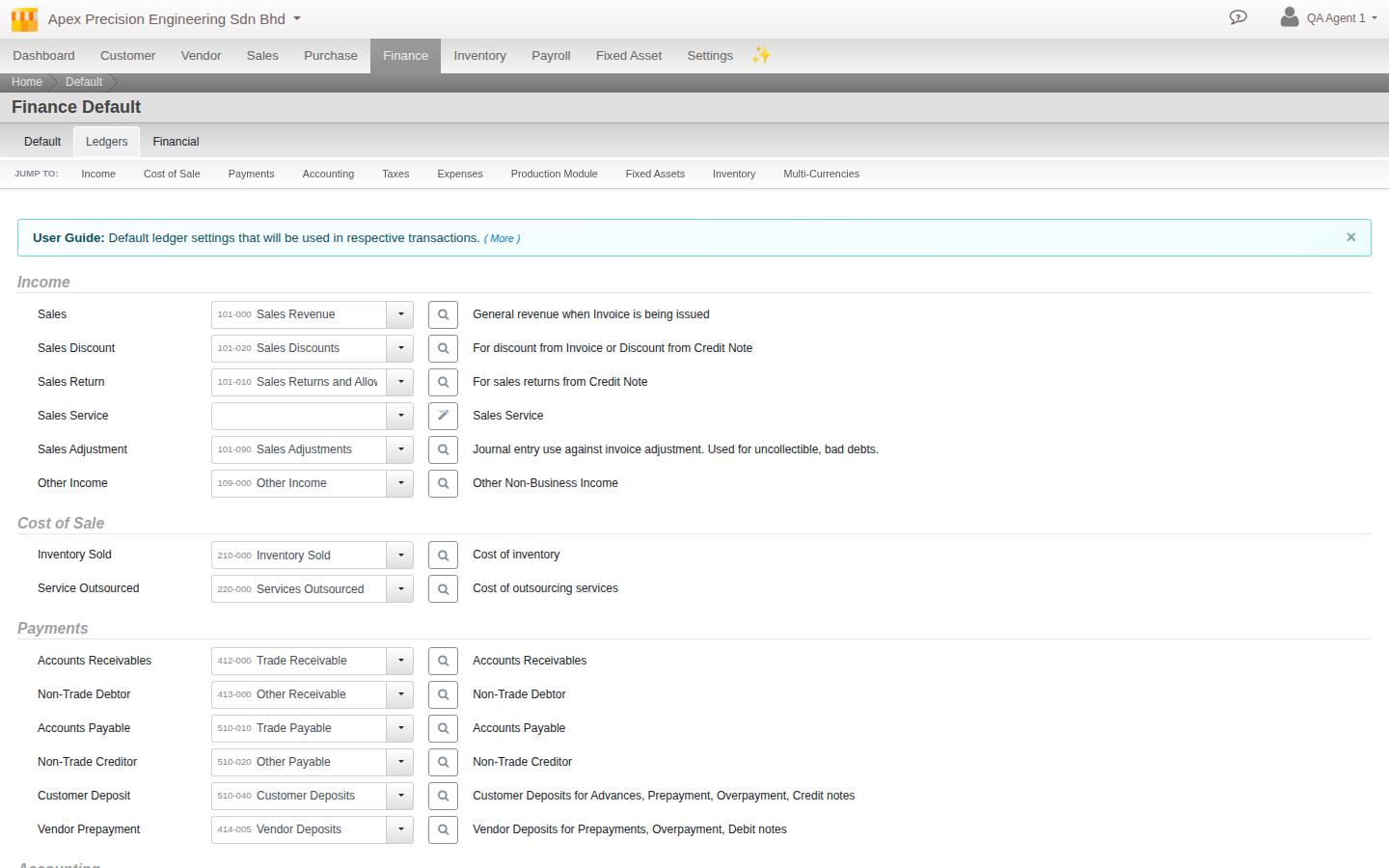 The Finance Default Ledgers tab, showing dropdowns for default Accounts Receivable, Accounts Payable, Retained Earnings and other postings
