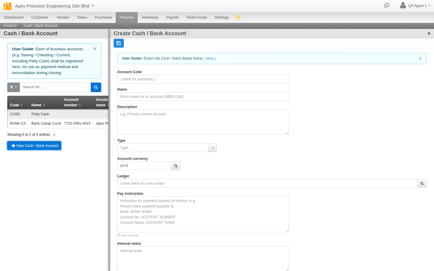 The Cash and Bank Account create form, with the Ledger field's real placeholder text: leave blank for auto assign