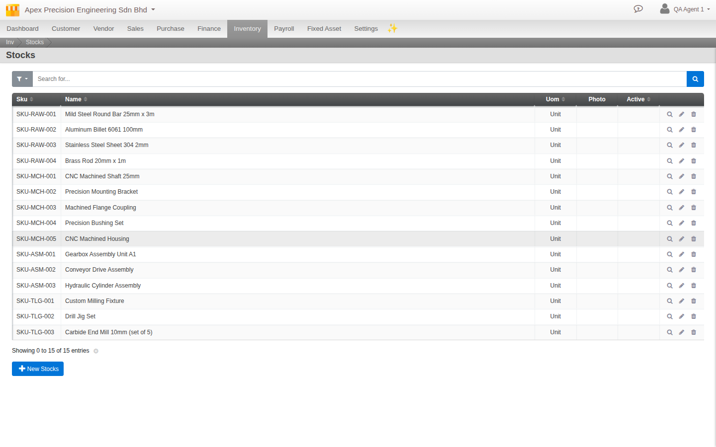 The Stocks master data screen, listing SKUs with no quantity or cost columns