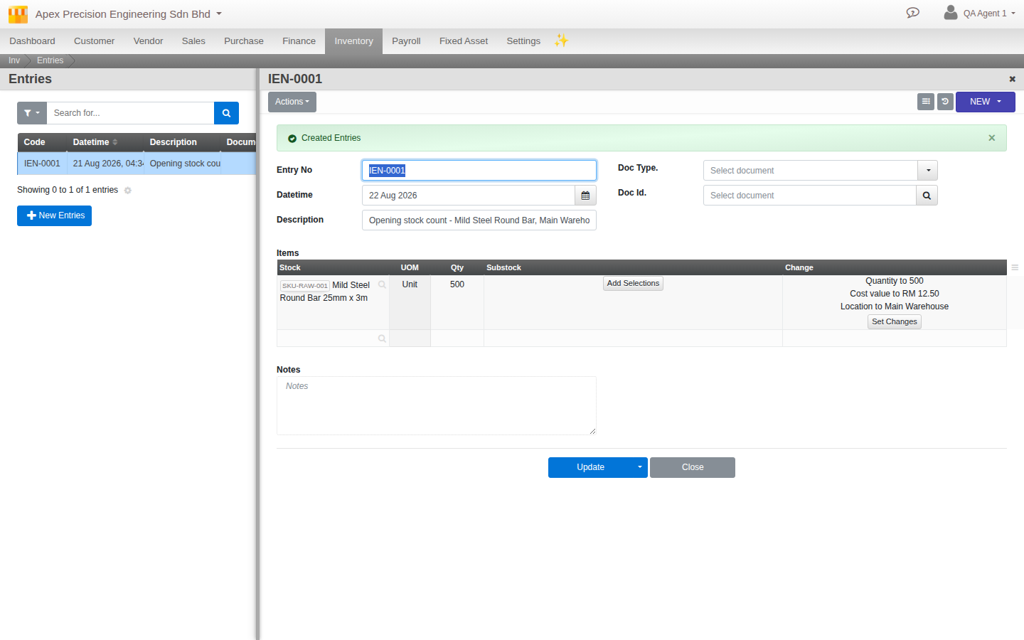 A saved Adjustment Entry document showing the change plainly: quantity, cost, and location all set in one line
