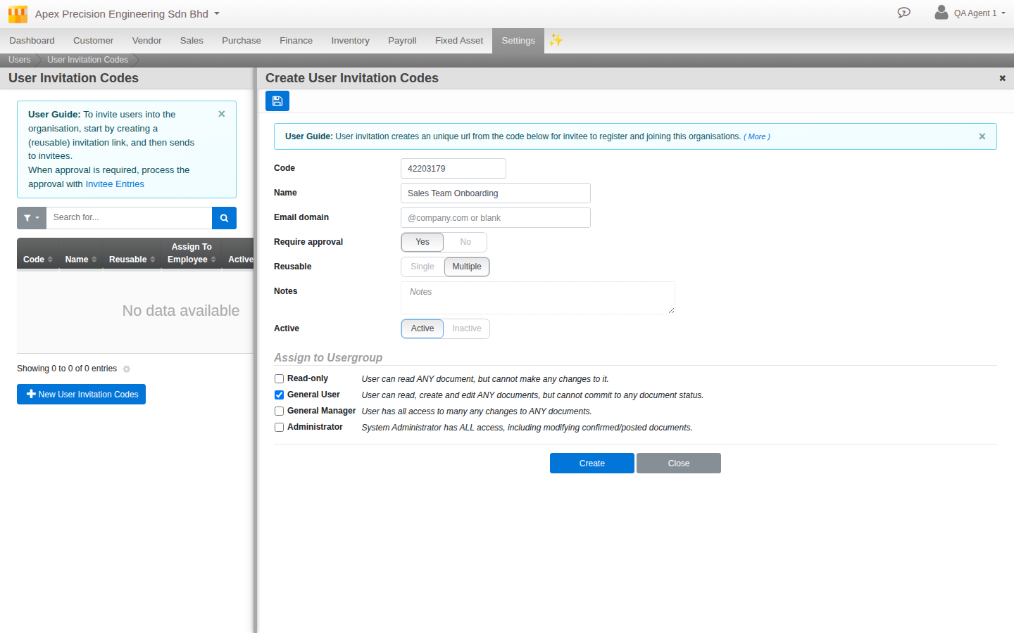 The invitation create form, with the Reusable Single or Multiple toggle and the Assign to Usergroup checkboxes