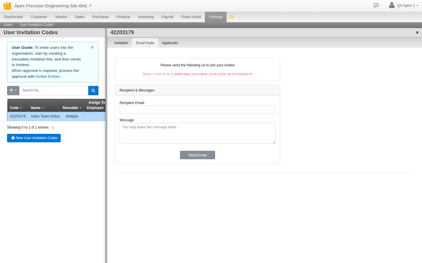 The Email Invite screen, showing the real shareable URL to send to an invitee
