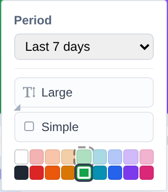 A widget's gear popup showing Size and Accent buttons and the two-row colour palette, with one shade currently selected