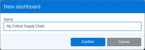 The New dashboard name prompt, with My Critical Supply Chain typed into the Name field, Confirm and Cancel buttons