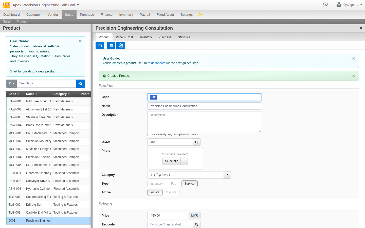 A Service-type product created in Cloudby, showing Code, Name, Category, Type set to Service, and a selling Price