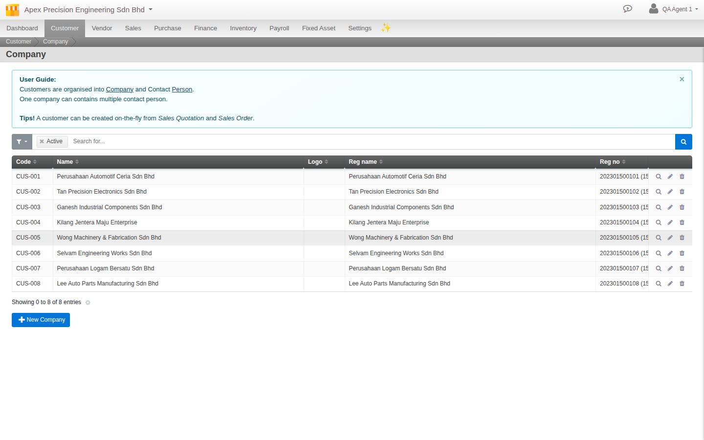 The Company list under Customer, showing several real customers with Code, Name, Reg name and Reg no columns