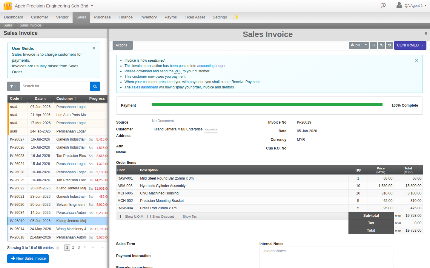 A confirmed Sales Invoice with real order line items, sub-total, tax and total, and a message confirming the transaction posted into the accounting ledger