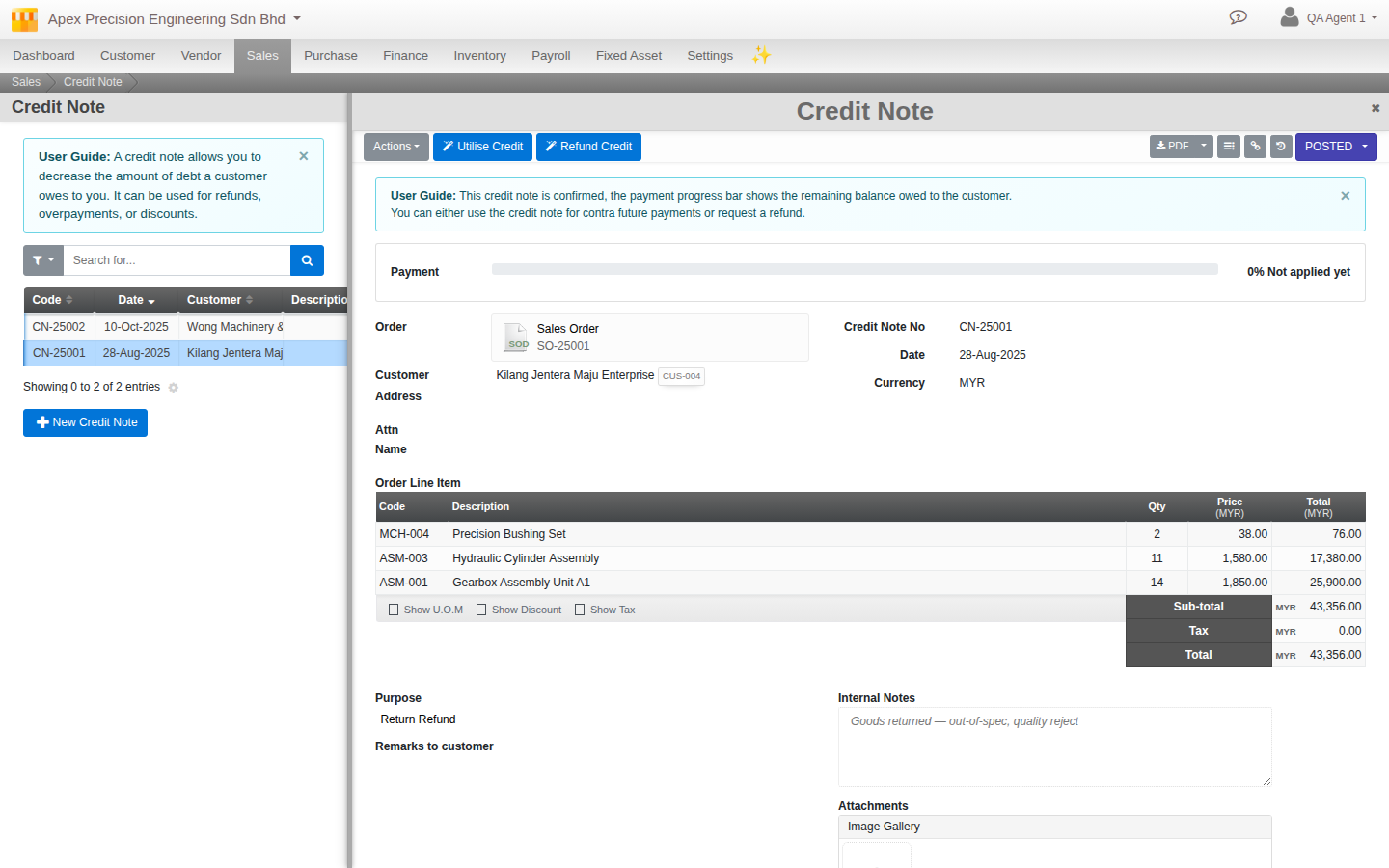 A posted Credit Note against a Sales Order, purpose Return Refund, with real line items and a payment progress bar showing the balance not yet applied